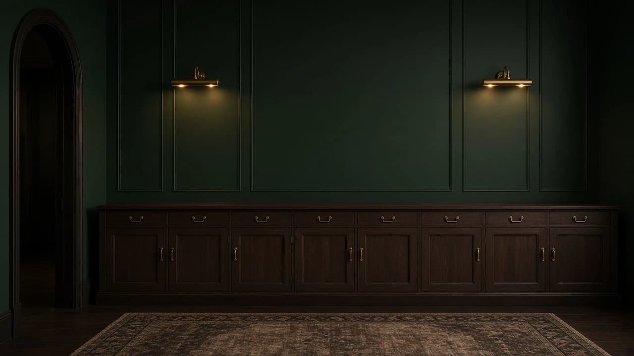 A dark green panelled archive room with brass picture lights above a long wooden cabinet